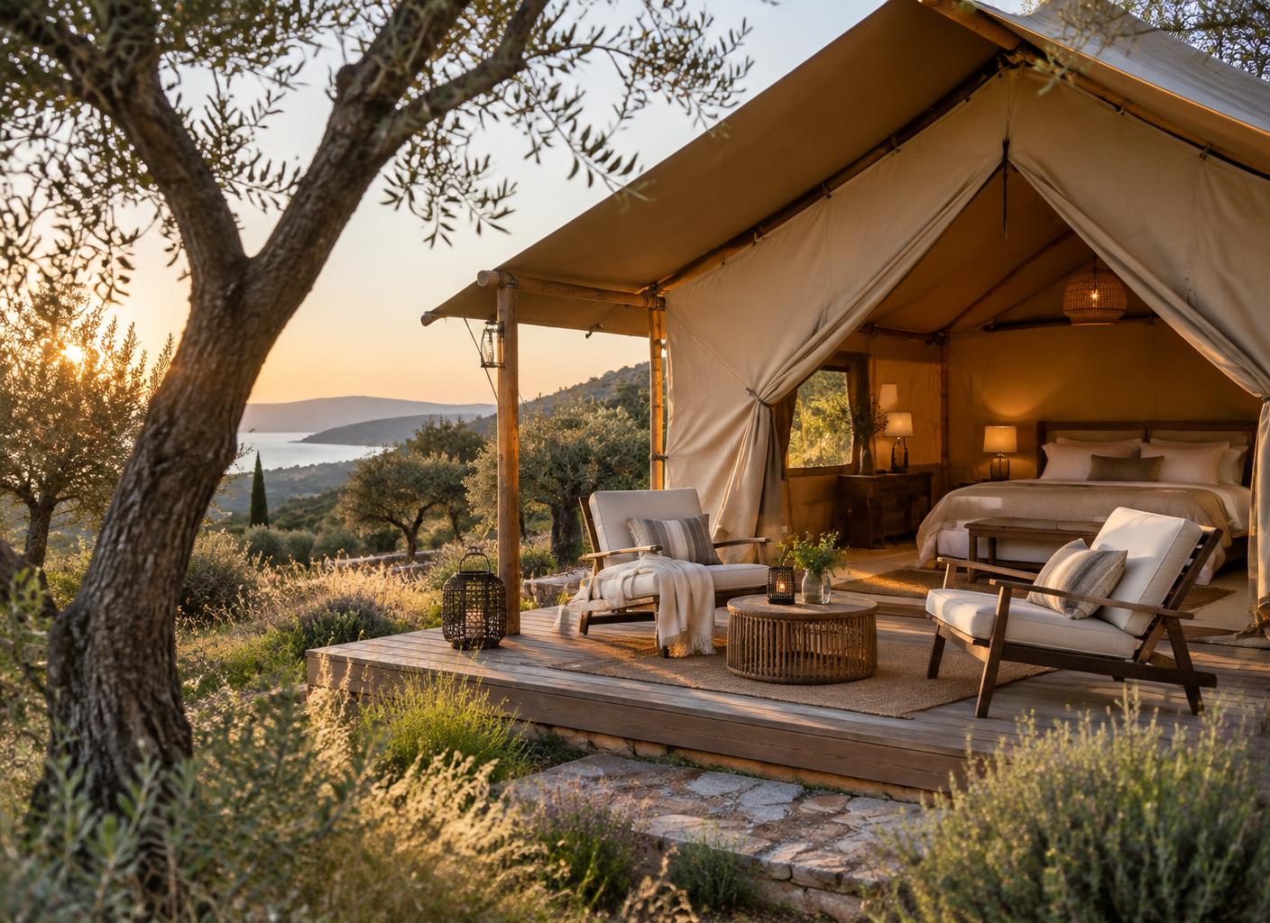 A comfortable glamping tent surrounded by olive trees