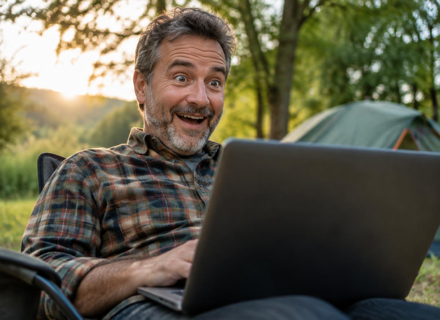 Campsite owner happily surprised behind his laptop